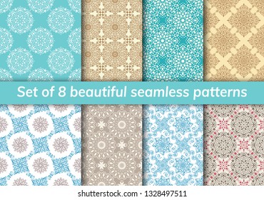 Pattern set arabic, indian, japanese, islamic motifs. Collection of 8 patterns. Mandala seamless pattern. Ethnic bohemian background. Cute paper background. Abstract flower. Vector illustration