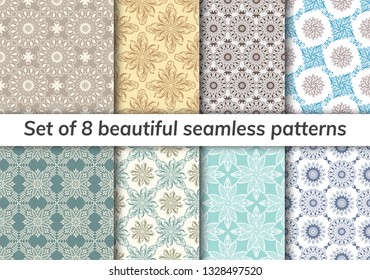 Pattern set arabic, indian, japanese, islamic motifs. Collection of 8 patterns. Mandala seamless pattern. Ethnic bohemian background. Cute paper background. Abstract flower. Vector illustration