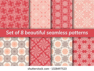 Pattern set arabic, indian, japanese, islamic motifs. Collection of 8 patterns. Mandala seamless pattern. Ethnic bohemian background. Cute paper background. Abstract flower. Vector illustration