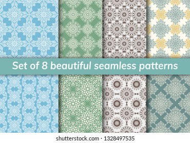 Pattern set arabic, indian, japanese, islamic motifs. Collection of 8 patterns. Mandala seamless pattern. Ethnic bohemian background. Cute paper background. Abstract flower. Vector illustration