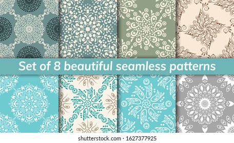 Pattern set arabic, indian, japanese, islamic motifs. Collection of 8 patterns. Mandala seamless pattern. Ethnic bohemian background. Cute paper background. Abstract flower. Vector illustration