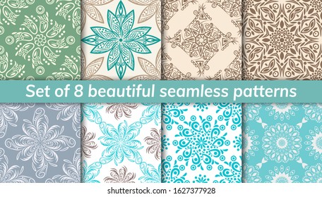 Pattern set arabic, indian, japanese, islamic motifs. Collection of 8 patterns. Mandala seamless pattern. Ethnic bohemian background. Cute paper background. Abstract flower. Vector illustration