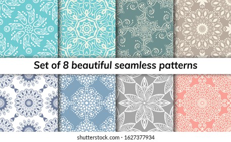 Pattern set arabic, indian, japanese, islamic motifs. Collection of 8 patterns. Mandala seamless pattern. Ethnic bohemian background. Cute paper background. Abstract flower. Vector illustration