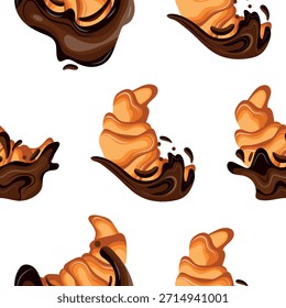 Patrón con un conjunto de croissants de chocolate al horno con varias salpicaduras de chocolate derretido, para menús y varios diseños de alimentos	