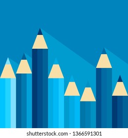 Pattern with set of blue color pencils with long shadow. Vector graphic illustration. Flat design.