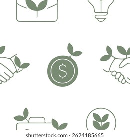 Patrón con un conjunto de iconos de negocios y hojas verdes, a saber, la combinación de negocios y la ecología y el uso ecológico y la aplicación de la energía