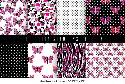 Pattern set butterfly simple. Collection for print textile, fabric. Black and plastic pink color. Vector illustration.