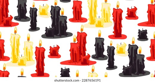 A pattern from a set of candles of varying degrees of burnout on a white background. Red, black, yellow candles for divination in groups. Gift wrapping for Halloween. The candles are burning
