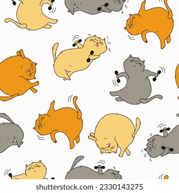 Pattern Set Cartoon  Cats . Fat happy cats doing gymnastics. Cat with dumbbells, in yoga pose.  Doodle. Vector illustration. Background isolated.