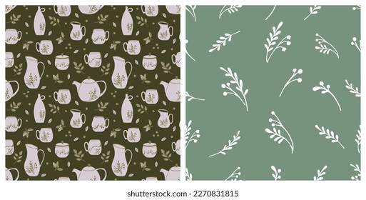 
Pattern set with ceramic kitchenware and plants. Hand drawn tableware with decoration around. Vector illustrations for pottery workshops, ceramic studio, home decor concept.
