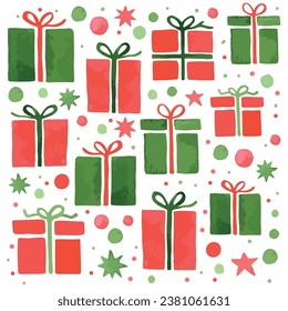 Pattern from a set of christmas gift boxes on white background. New year and Christmas gift boxes. Perfect for print, packaging design, banner, postcard. Vector illustration.