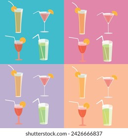 Pattern set with cocktails, vector flat design