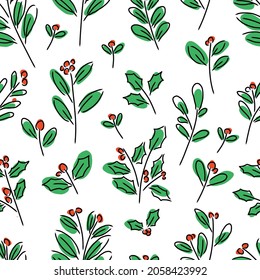 Pattern set collection of hand drawing Christmas decoration, Holly, Mistletoe, Firs, Poinsettia
