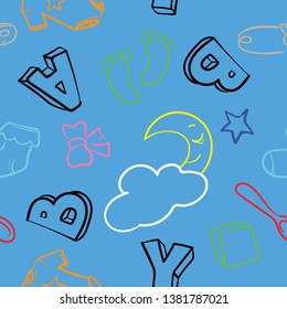 Pattern set of color illustration baby vector symbols on blue background 