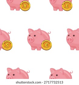 Patrón con un conjunto de iconos de colores de una hucha rosa con monedas de oro con símbolos de moneda cerca de la hucha, para diseños temáticos sobre el tema de negocios, banca y finanzas
