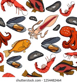 Pattern with set of colored sea food products