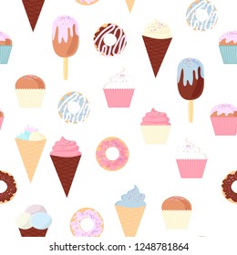 pattern from a set of colorful delicious cupcakes, cakes, desserts, ice cream and donuts. Cupcake icons, flat style. Vector. elements for the new year, holiday cards, greeting cards