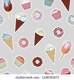 pattern from a set of colorful delicious cupcakes, cakes, desserts, ice cream and donuts. Cupcake icons, flat style. Vector. elements for the new year, holiday cards, greeting cards
