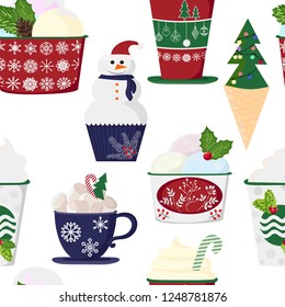 pattern of a set of colorful delicious cupcakes, cakes, desserts, ice cream with Christmas and new year decorations.flat style. Vector. elements for the new year, holiday cards, greeting cards