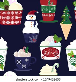 pattern of a set of colorful delicious cupcakes, cakes, desserts, ice cream with Christmas and new year decorations.flat style. Vector. elements for the new year, holiday cards, greeting cards