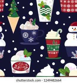 pattern of a set of colorful delicious cupcakes, cakes, desserts, ice cream with Christmas and new year decorations.flat style. Vector. elements for the new year, holiday cards, greeting cards