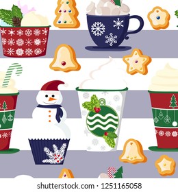pattern of a set of colorful delicious cupcakes, cakes, desserts, ice cream with Christmas and new year decorations.flat style. Vector. elements for the new year, holiday cards, greeting cards