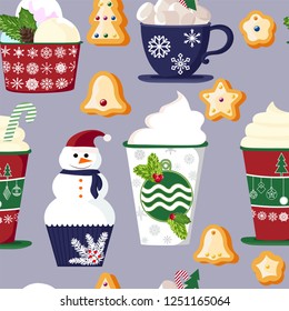 pattern of a set of colorful delicious cupcakes, cakes, desserts, ice cream with Christmas and new year decorations.flat style. Vector. elements for the new year, holiday cards, greeting cards