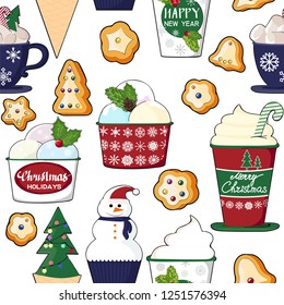 pattern of a set of colorful delicious cupcakes, cakes, desserts, ice cream with Christmas and new year decorations.flat style. Vector. elements for the new year, holiday cards, greeting cards