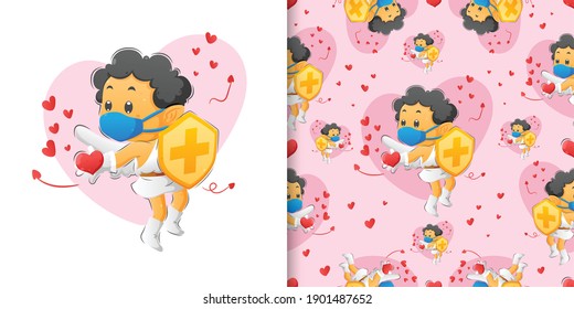 The pattern set of the cupid boy holding shield and spreading the love to the people of illustration