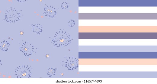 Pattern Set / Cute Cartoon Hand-drawn character Pattern on Lilac Background and Coordinated Stripes / Two Seamless patterns saved with Global Colors in Swatches Panel 