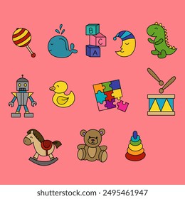 A pattern set of cute children's toys for a happy childhood