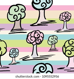 pattern with set of cute trees on Abstract line pattern/ Illustration template summer, flyer, leaflet, magazine, a4, book cover. creative concept, Surface pattern on the tile or product