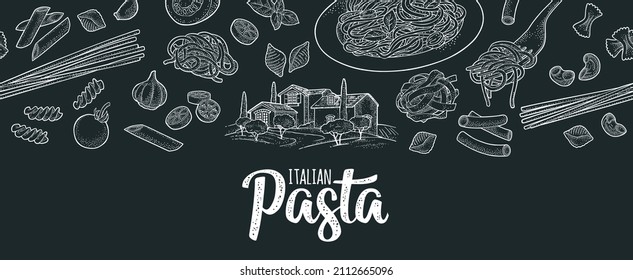 Pattern set with different types of pasta. ITALIAN Pasta handwriting lettering. Vector white vintage engraving isolated on black. Farfalle, maccheroni, fusilli, penne, spaghetti, ruote