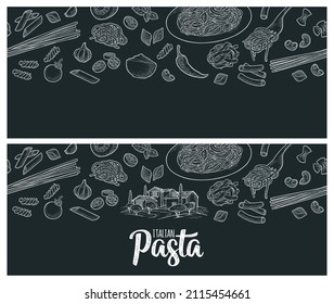 Pattern set with different types of pasta. ITALIAN Pasta handwriting lettering. Vector white vintage engraving isolated on black. Farfalle, maccheroni, fusilli, penne, spaghetti, ruote