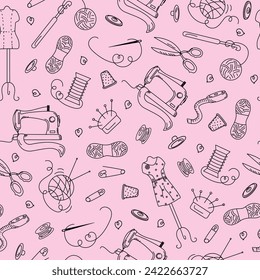 Pattern set of elements for sewing. Hobby, handmade. Sewing machine, threads, needles, mannequin, scissors. Seamless vector background, doodles.	