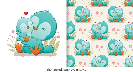 El patrón puso a la familia coloreada abrazando y besando a su bebé pájaro de la ilustración
