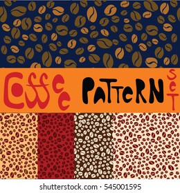 Pattern set with five coffee patterns. Creamy, red, brown,blue and light creamy patterns with coffee beans