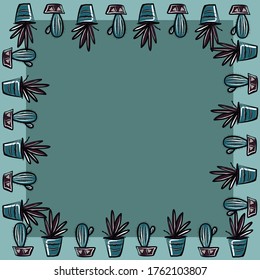 Patrón, un conjunto de flores en macetas. Plantas. Antecedentes. Marco. Establecer. Imagen aislada en un fondo blanco. Puedes moverte, desconectarte.