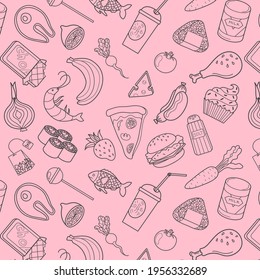 Pattern Set with food objects in vector illustration. Seamless, isolated on pink background. Cheese, chicken, milk, chocolate, banana, hotdog, strawberry, sushi, tea, pizza, carrot, Cookes.