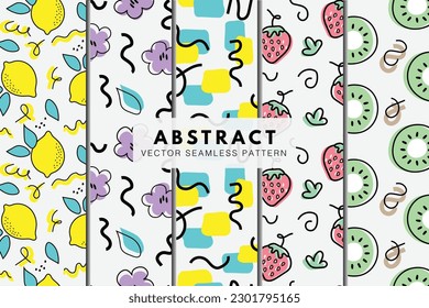 Pattern set of fruits, flowers, and organic abstract shapes. Vector seamless repeating pattern