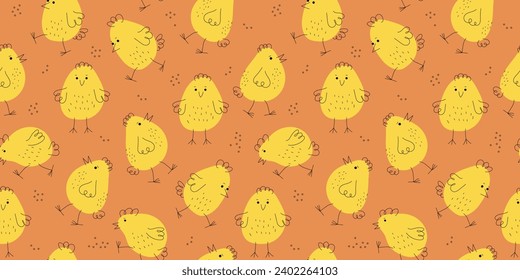 Pattern Set funny chickens. Hand drawn linear icons. Easter design. Cartoon  chick. Animals, Doodle style. Domestic bird. Seamless background. Vector illustration.