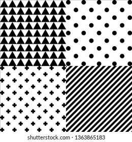 Pattern set. Geometric Vector background. Black and white stripes, polka dots, zig zag, triangles, line. Hipster decoration style. Texture for fabric textile. A4 paper for posters, postcards, wrapping
