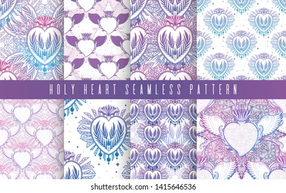  Pattern set graphic illustration Beautiful holy heart with mystic and occult symbols. Esoteric boho style. Gradient color ornament. Vector design.