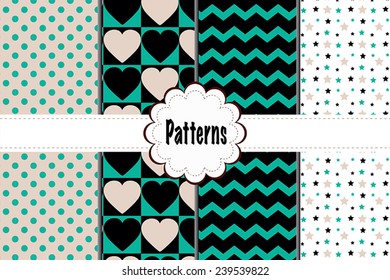Pattern Set. Group of different vector seamless patterns green, black, white. 