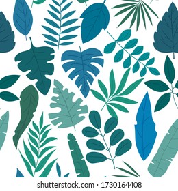 Pattern set of groups of different blue and green tropical exotic leaves, plants and fruits on white background. Collection of completed and isolated vector illustrations. Wallpapers