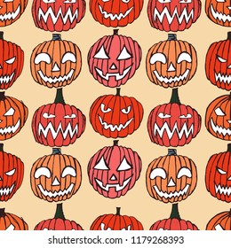 pattern with Set of Halloween scary pumpkins. Autumn holidays. hand draw pumpkins