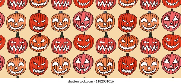 pattern with Set of Halloween scary pumpkins. Autumn holidays. hand draw pumpkins