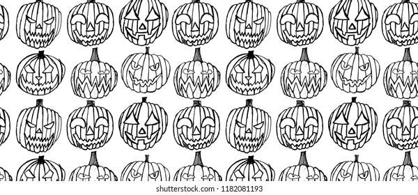 pattern with Set of Halloween scary pumpkins. Autumn holidays. hand draw pumpkins