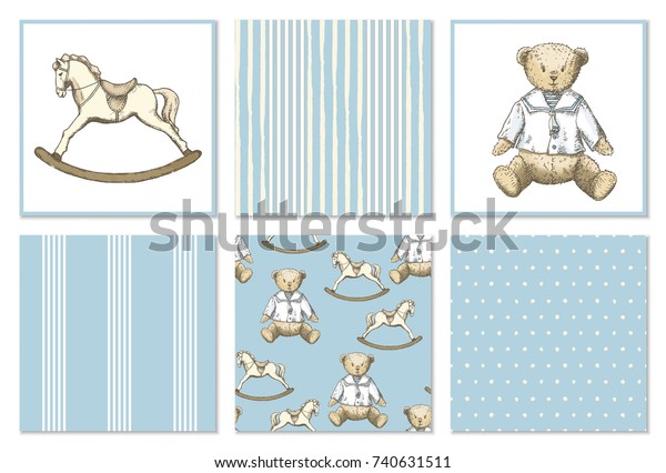 Pattern set with hand drawn bear and rocking\
horse in vintage style. Vector set in blue and beige colors.\
Perfect for kids textiles, wallpaper and\
prints.