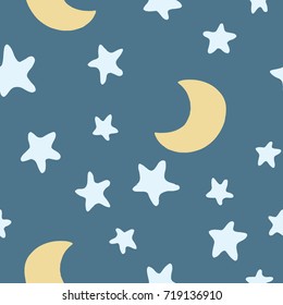 Pattern with set of hand drawn stars and moon